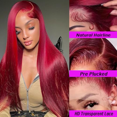 99j Burgundy Lace Front Wigs Human Hair 20Inch 13x6 Lace Front Wigs Human Hair Straight Red 180% Density HD Lace Front Human Hair Pre Plucked Pre Cut Glueless Wigs Colored For Women