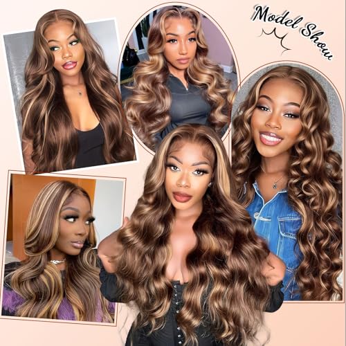 Ombre Lace Front Wig Human Hair Body Wave 13x6 HD Lace Front Wigs Human Hair Pre Plucked 200% Density Honey Blonde Highlight Wig 4/27 Colored Lace Frontal Glueless Wigs Human Hair 24 Inch