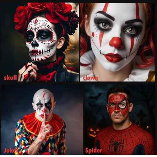Black White Red Face Body Paint 1.01 oz/pc with 3 Sponges,Water Based Face Paint Kit for Clown Joker Devil Vampire Skeleton Cosplay Makeup,Halloween SFX Makeup Cream Face Painting,3.03 oz