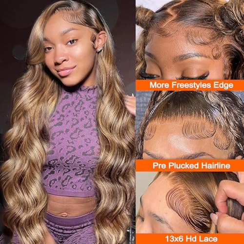 13x6 Honey Blonde Highlight Wig Human Hair Ombre Lace Front Wig P4/27 Body Wave Highlight Lace Front Wig Glueless Pre Plucked Bleached Knots Hd Lace Frontal Wigs Colored 22 Inch 180% Density