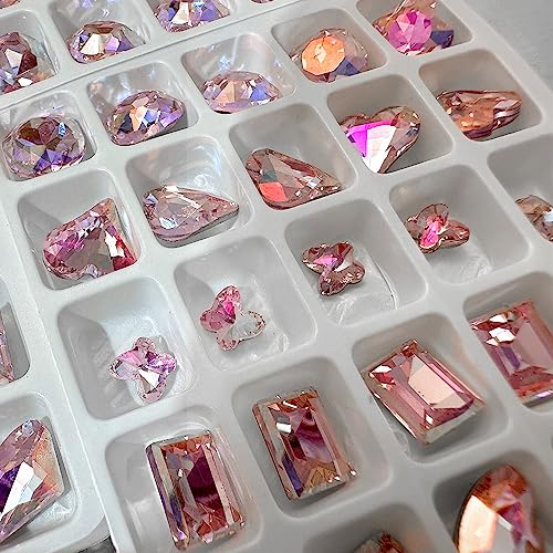 Dornail 25 Pcs Pink Nail Rhinestones & Charms, Shiny Butterfly & Heart Shapes, Rectangular Rhinestones & Diamonds for DIY Craft & Jewelry Nail Design