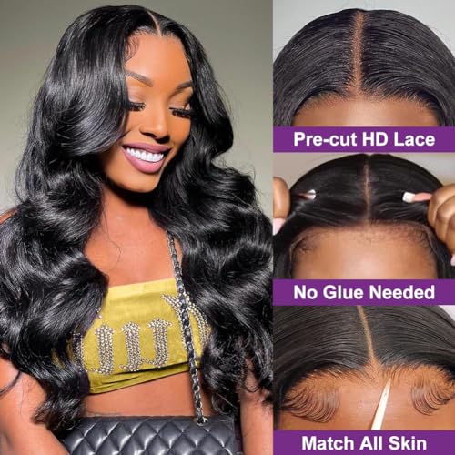 Body Wave Glueless Wig Human Hair Pre Plucked Pre Cut Glueless Lace Front Wig Ready to Wear 6x4 Body Wave Closure Wig Human Hair 180% Density Body Wave Pre Plucked Wig Natural Hairline 18 Inch
