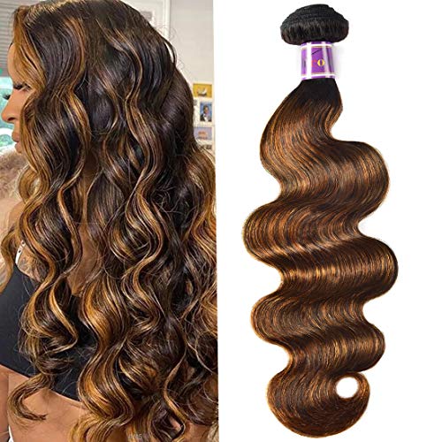 UNice Ombre Brown Highlight Body Wave Human Hair Weave 1 bundle 20 inch, Brazilian Remy Hair Dark Root Blonde Human Hair Weaves Extension Piano Color TFB30