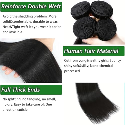 12A Human Hair Bundles Straight 14 16 18 20 Inch 100% Unprocessed Brazilian Remy Virgin Hair Quick Weave Sew In Raw Glossy Billion 4 Hair Bundles Human Hair Extensions for Women Natural Black Color