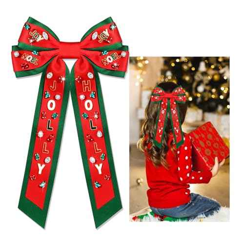 Christmas Bow Clips Pearl Rhinestone Christmas Tree JOLLY Decor Hair Bow Clip Christmas Holiday Party Hairpin Barrettes Accessories (red green JOY bow)