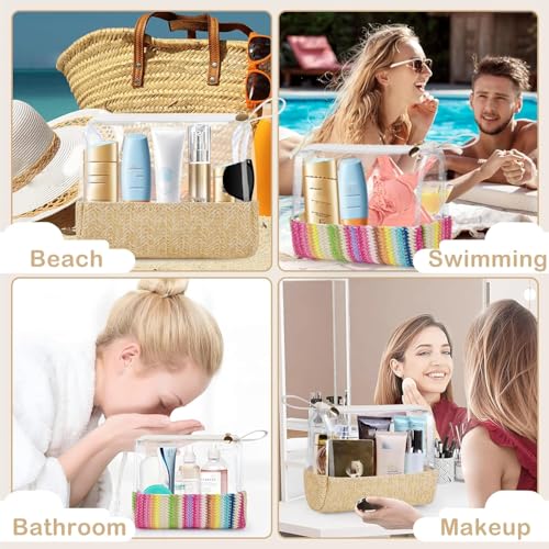 Boho Straw Makeup Bag,Small Clear Travel Cosmetic Bag Aesthetic Waterproof Portable Toiletry Bag,Preppy Cute Transparent TPU Zipper Purse Travel Beach bags sunscreen bag for Women Girls