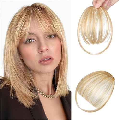 Clip in Bangs, Wispy Bangs Hair Clip,Natrual Fake Bangs Fringe with Temples Hairpieces for Women Clip on Faux Bangs Hair Extensions for Daily Wear Light Blonde Mix Bleach Blonde