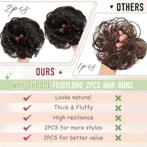 2 PCS Messy Bun Hair Piece Wavy Curly Hair Bun Scrunchies Extensions Synthetic Chignon Thick Updo Hairpieces for Women Girls(Dark Brown)