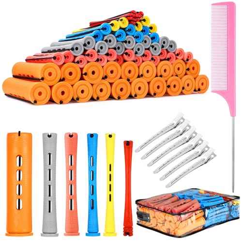 90 Pcs Hair Perm Rods Set, 6 Sizes Plastic Hair Curling Rods with Hair Clips Rat Tail Comb, Cold Wave Rods for Long Short Hair Hairdressing Styling Tools