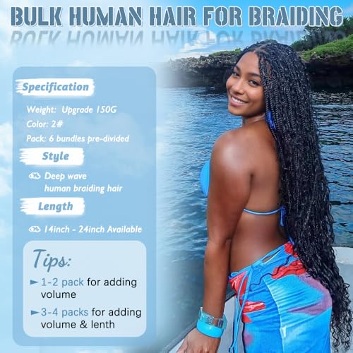 Human Braiding Hair for Boho Braids 150g 20 Inch 6 Bundles/Pack Dark Brown Human Hair Deep Wave Bundles Boho Hair for Braiding 12A Knotless Human Hair Braiding Hair Curly Hair Extensions 2#