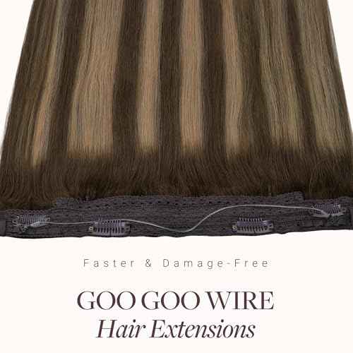 GOO GOO Wire Hair Extensions Human Hair, 4/27/4 Chocolate Brown with Caramel Blonde Balayage 12inch 70g, Invisible Wire Hair Extensions with Transparent, Seamless Fish Line Hairpiece