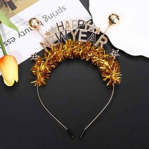 FAERLIIRY Happy New Year Headband 2024 Disco Ball Glitter Headpiece Holiday Hair Accessories New Year's Eve Party Gifts (Gold, L)