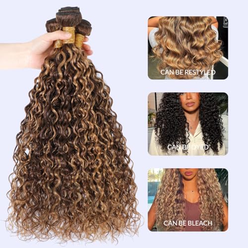 Highlight Bundles Human Hair Water Wave 22 Inch, Honey Blonde Soft & Shed-free P4/27 Ombre Color Curly Brown and Blonde Highlight Weave Bundles Wet and Wavy Single Bundle