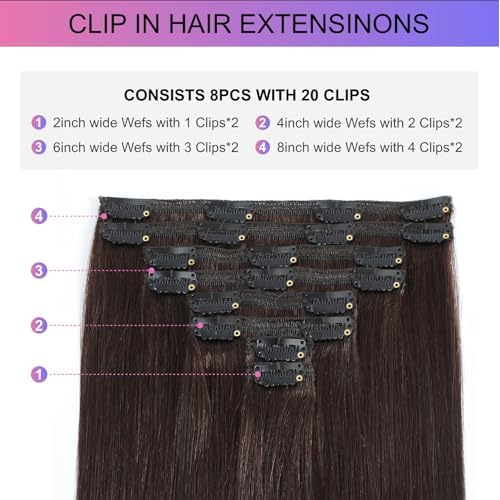Dark Brown Clip in Hair Extensions, 22 Inch 110g, 2 Dark Brown Hair Extensions Real Human Hair, Invisible Seamless Remy Human Hair Clip Extensions for Women 8pcs Per Set with Double Weft
