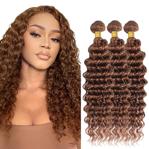 Color #30 Brown Bundles Human Hair Deep Wave 3 Bundles 18 18 18 Inch Unprocessed Brazilian Virgin Remy Light Brown Deep Wave Bundle Human Hair Extensions