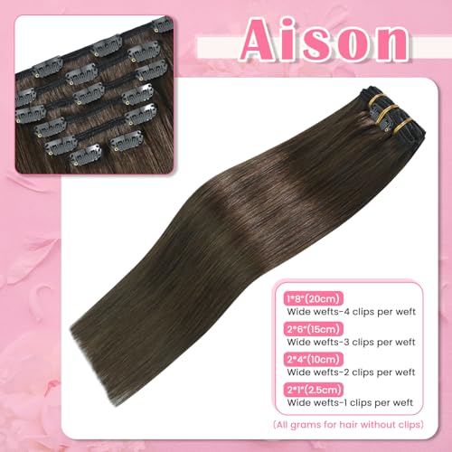 Aison Clip in Hair Extensions Real Human Hair 100G Medium Brown 100% Remy Human Hair Clip in Extensions Straight for Women 7pcs 16clips One Pack(20 Inch #4)