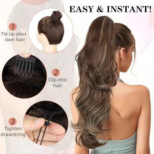 BOGSEA Ponytail Extension 26 Inch Drawstring Ponytail Extension for Women Long Wavy Hair Extensions for Daily Use(1B)
