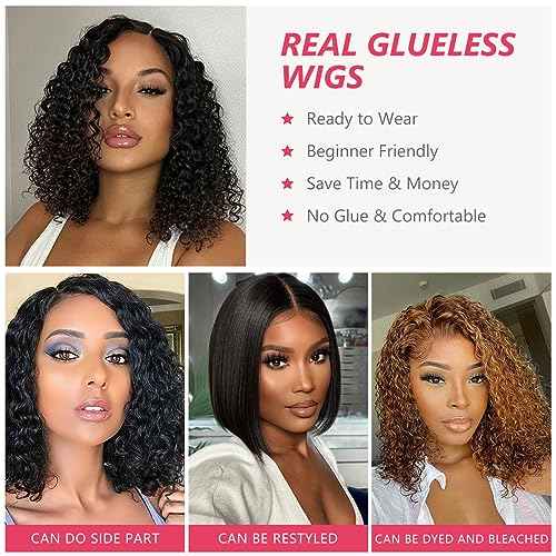 Glueless Bob Wigs Human Hair Pre Plucked Pre Cut Curly Human Hair Wigs for Black Women Deep Wave 5x5 HD Lace Closure Wigs Ready to Wear and Go Glueless Wigs 200% Density
