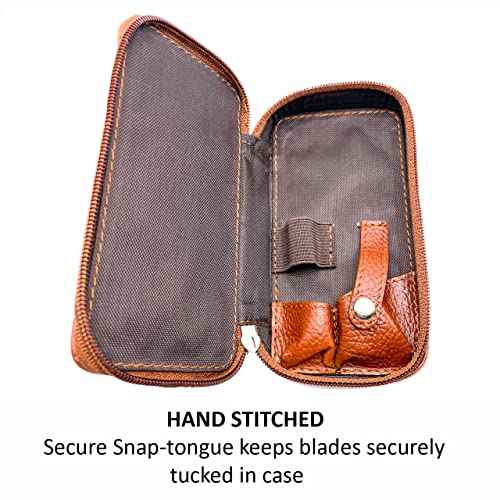Parker Saddle?Brown Leather Double Edge Safety Razor Case with Blade Compartment ? Zip Travel Pouch