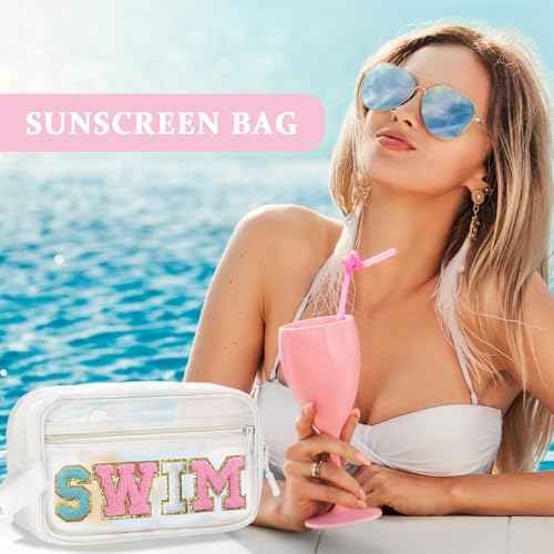 COSHAYSOO Clear SWIM Makeup Bag with Preppy Letter Patch Beach Pool Travel Essential Gifts for Women Swimmer Swimming Team Teenager Girls Cute Toiletry Zipper Pouch Cosmetic Purse Organizer