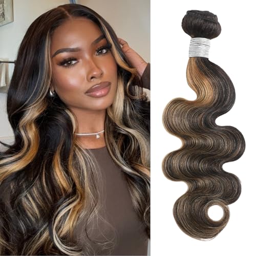 Highlight Honey Blonde Bundles Human Hair 24 Inch Body Wave Black and Blonde Balayage 1b/27 bundles 12A Brazilian Virgin Remy Hair Loose Wave Wavy Sew In Weave Ombre Single Bundle Piano Color P1b27