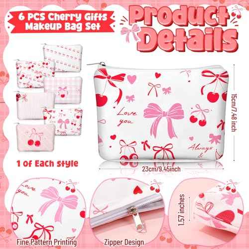 Kacctyen 6 Pcs Pink Cherry Bow Coquette Makeup Bag Cute Bow Canvas Cosmetic Bag for Women Girl with Zipper Aesthetic Travel Stuff Small Pouch for Birthday Party Favor