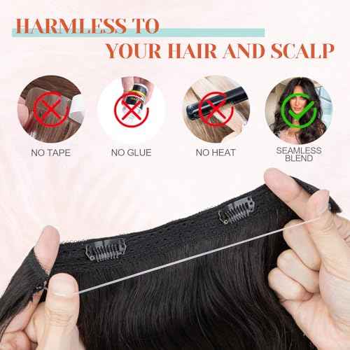 Benehair Halo Hair Extensions - Real Human Hair, Wavy & Curly Styles, 100% Human Hair, Natural Black, 55g/12inch