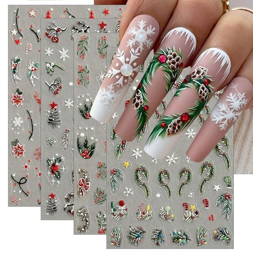 4 Sheets Christmas Nail Art Stickers 5D Embossed Self Adhesive Winter Grass Nail Decals Winter Christmas Tree Elk Snowflake Design Nail Stickers for Women Girls DIY Holiday Manicure Decoration