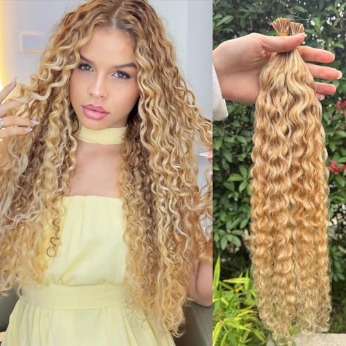 27P613 Curly I Tip Hair Extensions Human Hair Water Wave Cold Fusion Itip Flawless Microlinks Hair Extensions Invisible Blends Naturally Individual Strands for Black Women 50G Brown to Blonde 28inch