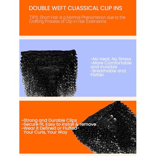 Curly Human Hair Clip in Extensions Brazilian Virgin For Women Soft Double Weft Natural Black Color 3B 3C Kinky Curly Clip Ins 8Pcs 4.23oz 16Inch