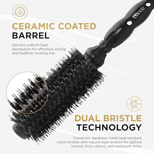 COCCO Black Series Ceramic Boar Brush S5, Hair Styling Brush with Dual Bristle Technology, Ceramic-Coated Barrel, Ergonomic Design