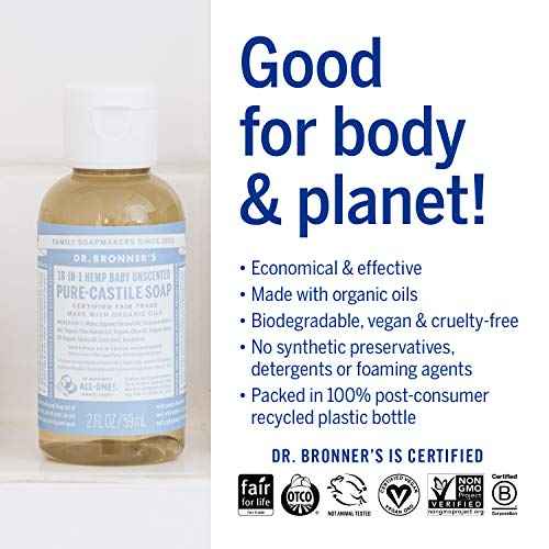 Dr. Bronner¡¯s - Pure-Castile Liquid Soap (Baby Unscented, Travel Size, 2 ounce) - Made with Organic Oils, 18-in-1 Uses: Face, Body, Hair, Laundry, Pets and Dishes, Concentrated, Vegan, Non-GMO