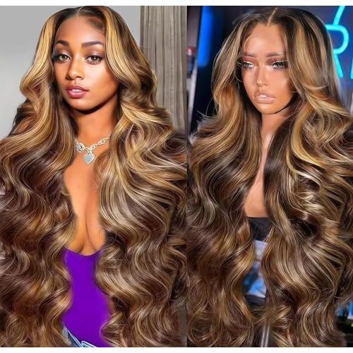 34 Inch Highlight Ombre Lace Front Wig Human Hair 200% Density Brown Highlighted Wig Human Hair 7x5 Highlight wigs human hair glueless wear and go Pre Plucked With Baby Hair Highlight Wig for Women