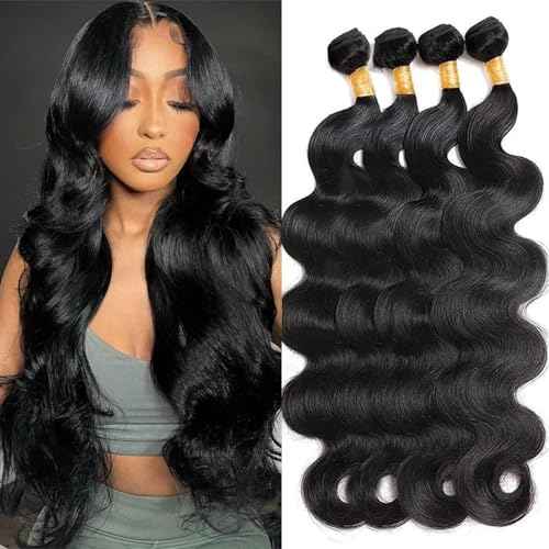 Body Wave Bundles Human Hair 14 16 18 20 Inch Human Hair Bundles 100% Unprocessed Brazilian Virgin Quick Weave 4 Bundle Human Hair Extensions for Black Women Natural Color