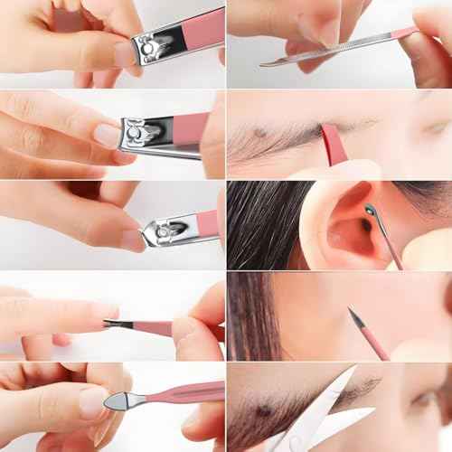 ZIZZON Travel Mini Manicure Set Nail Clipper Set 10 in 1 Stainless Steel Pedicure Care Grooming kit with Case Pink