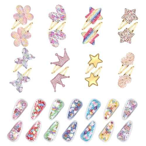 CWJCYTNSN 30 PCS Glitter Hair Clips for Girls Kids Snap Hair Clips Barrettes Sparkly Cute Hair Accessories for Little Girls Flower Butterfly Crown Hair Clip for Birthday Party Gifts