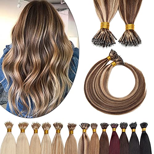 SEGO Nano Tip Hair Extensions Human Hair Balayage Nano Ring Beads Pre-bonded Seamless Highlight Extensions for Women 1g/strand 50g/pack -22 Inch 4P27 Medium Brown&Dark Blonde