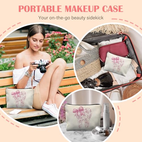 Coquette Pink Chinoiserie Bow Tooth Makeup Bag for Women, Dental Assistant Hygienist Gifts for Women, Dentist Gifts Cosmetic Bag for Purse, Dental Makeup Zipper Pouch