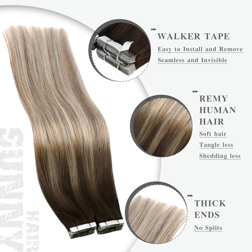 Ve Sunny Human Hair Tape in Extensions 22 Inch Invisible Hair Extensions Tape in Remy Human Hair Dark Brown Ombre Golden Blonde Balayage Platinum Blonde Tape in Hair Extensions Seamless 20Pcs 50g