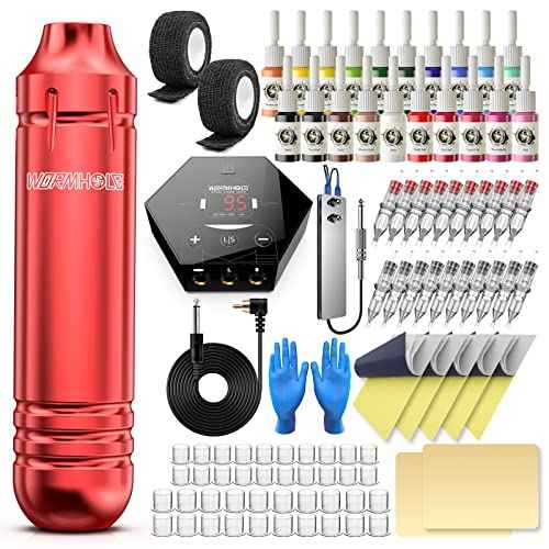 Wormhole Tattoo Kit Tattoo Gun Kit Tattoo Machine Kit for Beginners Tattoo Gun 20 Color Inks Power Supply Tattoo Pen Kit Red