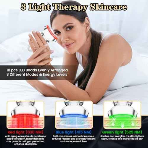 Red Light Beauty Device for Face and Neck, Based on High-end Red and Blue LED Light, Facial Cold and Hot, Vibration Technology, 3 Color Led Face and Neck Beauty Device for Home Use, Pearly White