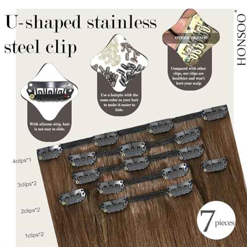 Honsoo Chestnut Brown Remy Clip In Hair Extensions Real Human Hair 18inch 70g 7pcs Sliky & Soft Clip ins