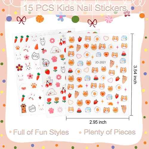 Allstarry Nail Stickers for Kids, 15 Sheets Kids Nail Stickers for Girls Self-Adhesive Nail Decals Cute Animal Fruit Bow Flower Heart Star Sticker Birthday Christmas Gift