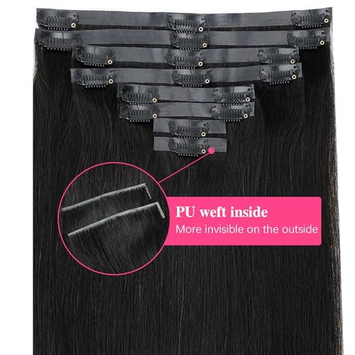 Injected Clip in Extension Human Hair Invisible Clip Ins for Women Brazilian Injected Clip ins Human Hair Natural Color 8 Pcs with 18 Clips 120g/Set (14 inch)