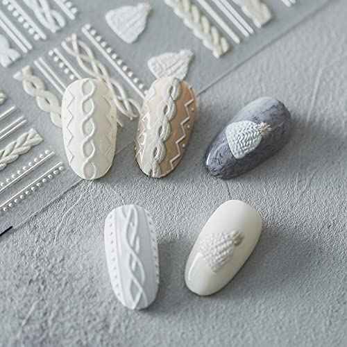 Winter Sweater Nail Art Stickers 5D Embossed Nail Decals 1PCS Elegant Sweater Pattern Self-Adhesive Nail Stickers Nail Art Supplies French Stripe Line Nail Decals for Acrylic Nails Manicure Decoration