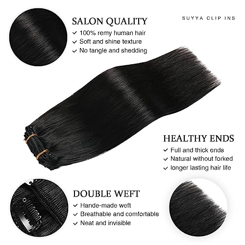 SUYYA Clip in Hair Extensions Real Human Hair, 16 inch 120g Jet Black Clip in Hair Extensions Human Hair Straight Human Hair Clip ins Double Weft(16 inches #1 Jet black)