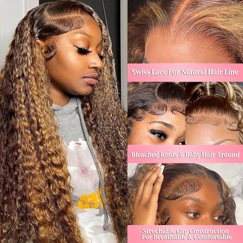 Aimking 13x6 Highlight Ombre Lace Front Wig Human Hair Wigs For Women 180% Density 4/27 HD Deep Wave Lace Frontal Wigs Curly Honey Blonde Wig Human Hair With Colored (22 Inch)