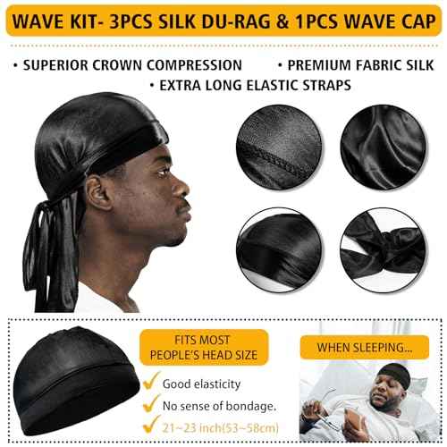 Wave Pomade for Men Strong Hold Easy Wash Hair Cream Grease, Promotes Layered Waves, Moisture, Shine, Brush and Durag Cap Set