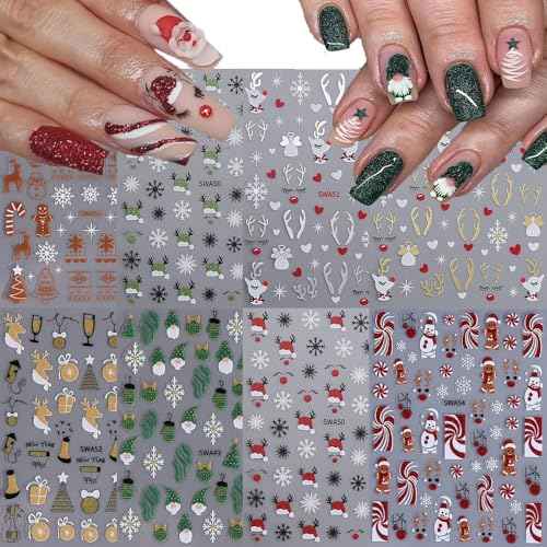 8Sheets Christmas Nail Stickers, Winter Nail Decals 3D Self-Adhesive Red Green Snowflake Bell Xmas Tree Reindeer Winter Nail Design Holiday Nail Art Decoration for Women Girls