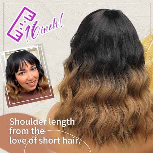 Nnzes Short Wavy Wig with Bangs for Women Shoulder Length Bob Curly Women's Charming Synthetic Wigs with Natural Wavy Black To Brown Heat Resistant Hair for Daily Party Use